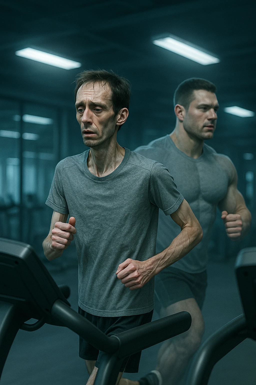 Uomo magro e affaticato che corre su tapis roulant in una palestra. I muscoli delle braccia e delle gambe appaiono ridotti e svuotati, come se stesse perdendo massa muscolare. Espressione stanca sul volto, con accanto una figura trasparente di sé stesso più muscolosa a confronto. Luci fredde e atmosfera di sovrallenamento. in italiano emoji