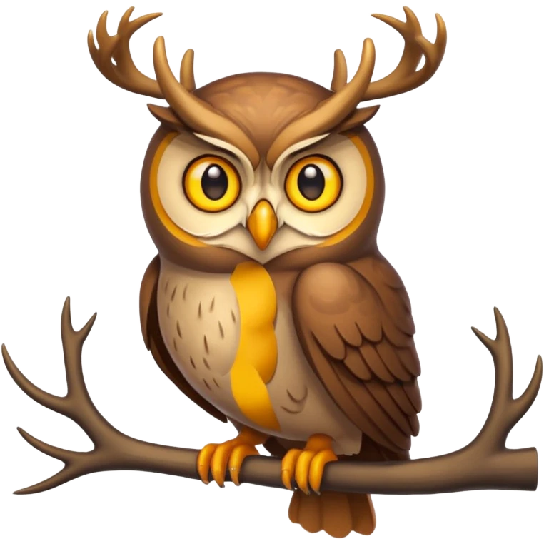 Emoji chouette perchée brun clair, yeux jaunes brillants, bec recourbé, bois de cerf imposants, sagesse et puissance. emoji