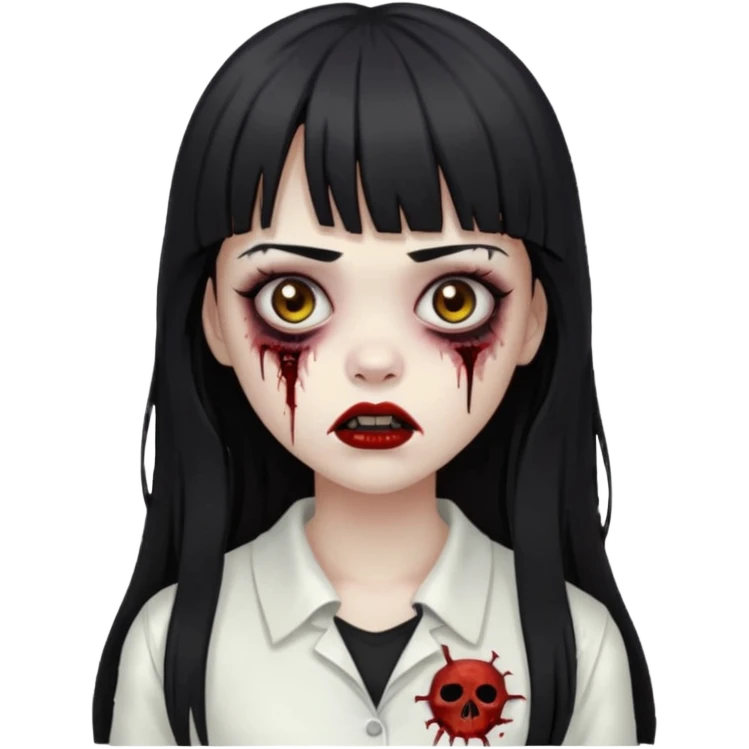 Make a girl with bangs with very dark black and long hair, light brown eyes and white clothes in the form of a zombie emoji