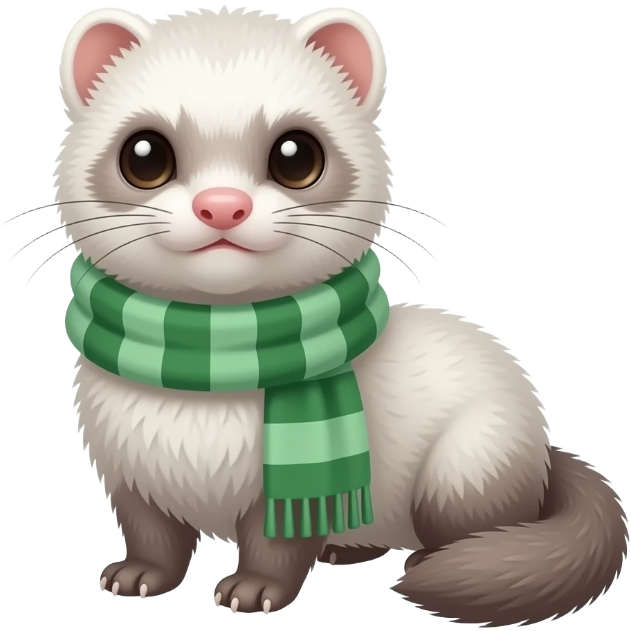 white ferret, soft fur, wearing green striped scarf, cute but slightly sly expression, centered, 3D glossy emoji style, clean background emoji