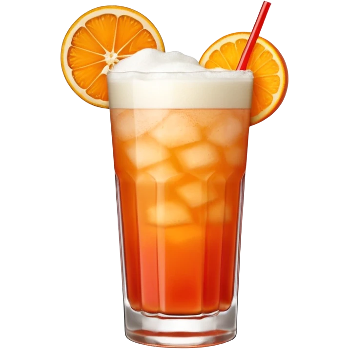 A tall glass filled with a frothy orange-red Garibaldi cocktail, topped with an orange wedge. emoji