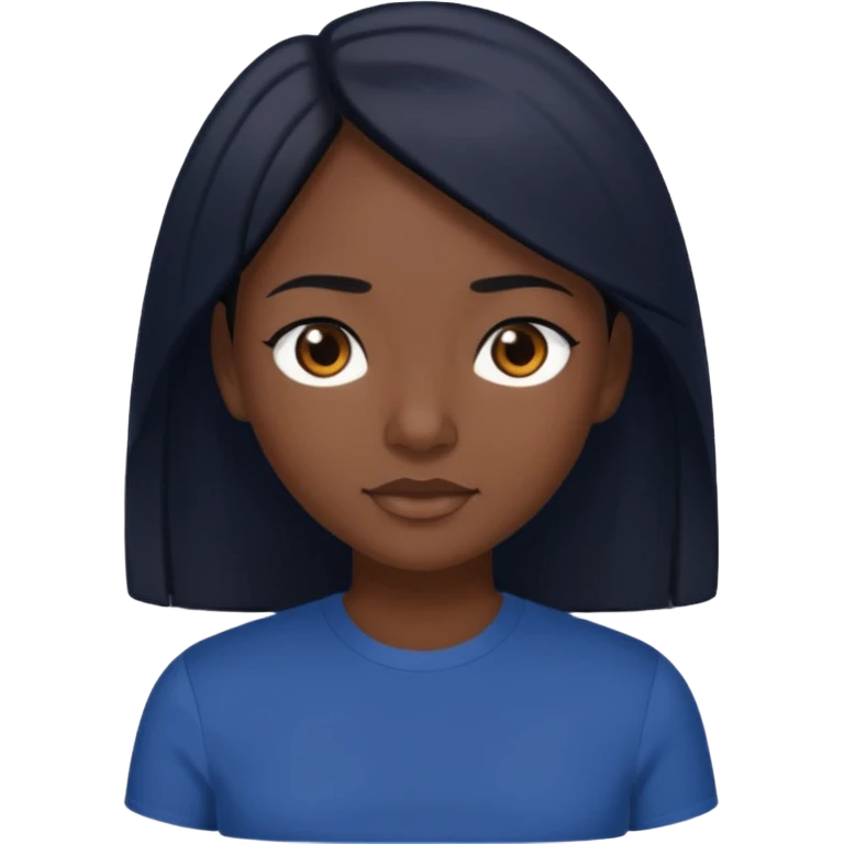 Una donna con una maglietta a mezze maniche blu scuro,capelli lisci  e lunghi e mori occhi marroni emoji