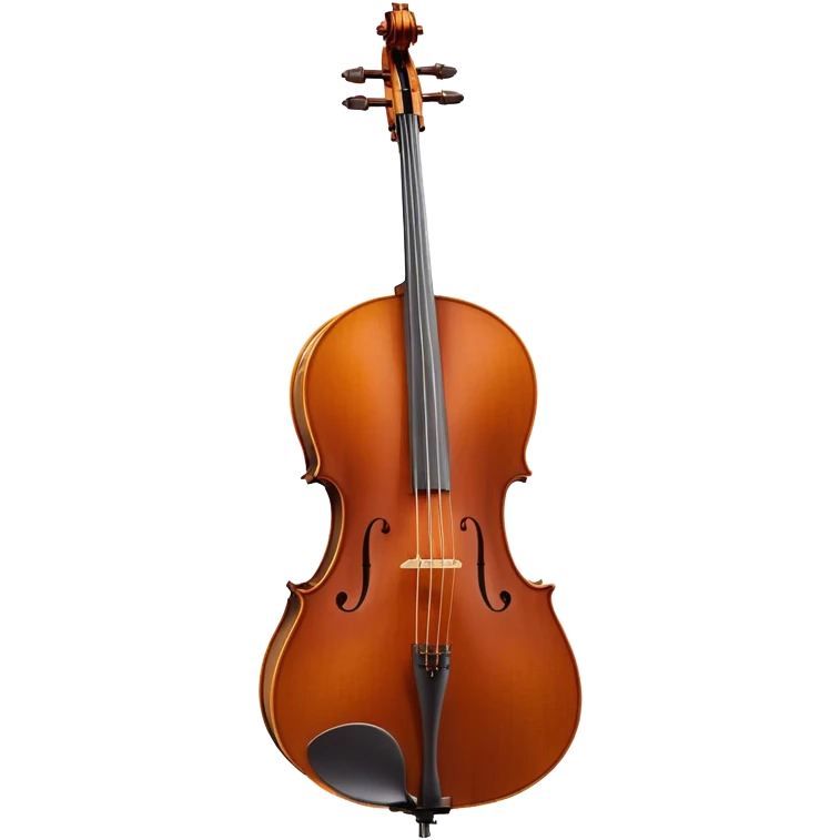 Create an elegant and refined emoji representing the Cremona 4/3F 4/4 cello with a Hans Klein HKCB bow. The design should feature the curved wooden body of the cello with a rich, glossy finish, capturing its classical shape and intricate details. The bow should be displayed with fine craftsmanship, highlighting the hair and the smooth, polished wooden stick. Include subtle musical notes floating around the instrument to emphasize its rich, melodic sound. Use deep wood tones like chestnut brown, gold accents for the fittings, and soft lighting effects to give the instrument a timeless, professional feel. The background should be transparent. emoji