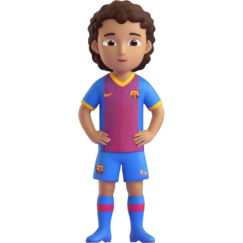 avatar of a young footballer inspired by Lamine Yamal, blue and red striped Barcelona kit, youthful features, short curly hair, brown eyes, confident expression emoji