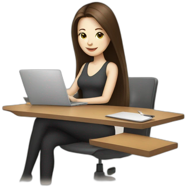 woman with long straight brown hair and pale skin using a laptop as a serving tray for a coffee mug emoji