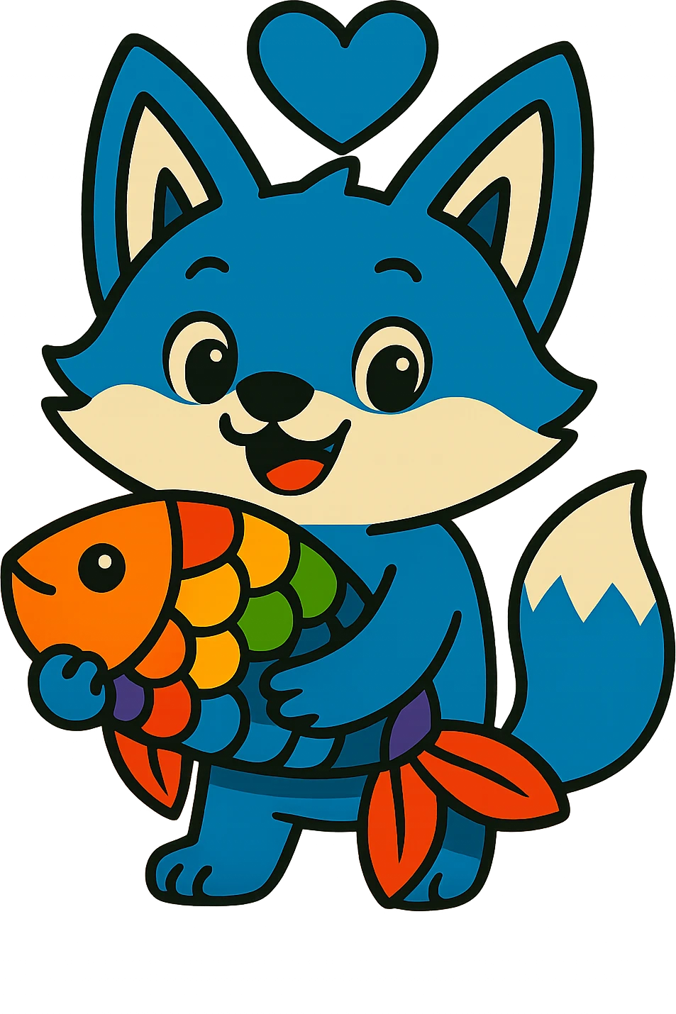 Change the heart above the blue fox and rainbow fish to a blue heart, keeping the vibrant toon style, with no background. emoji
