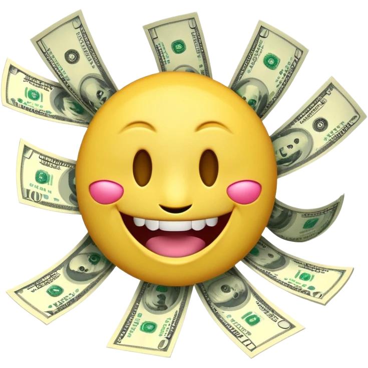 3D glossy emoji sticker, dollar-sign eyes, huge toothy grin, mouth stuffed with US dollar bills spilling out, floating banknotes, centered, solid chroma green background emoji