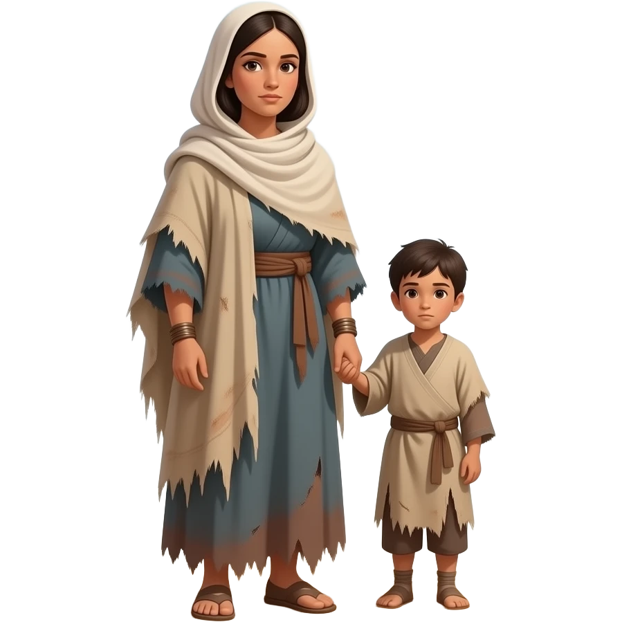 A Jewish nomadic woman a little boy, wearing old tattered draped clothing from biblical times emoji