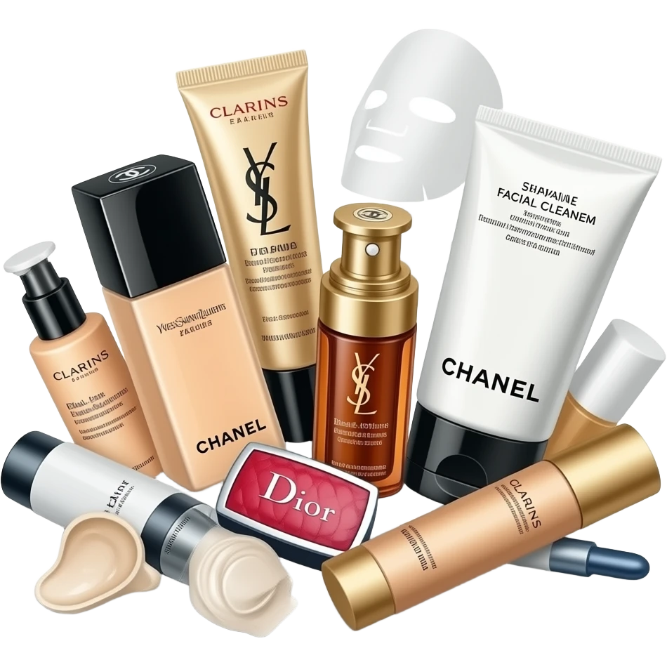 Chanel toner and lotion, Yves Saint Laurent eye cream, Dior face cream, Clarins Dual-Action Serum, Chanel facial cleanser, and a sheet mask—they’re all scattered about in a mess. emoji