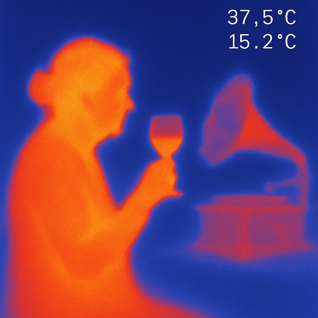 old lady with wineglass listening to gramophone emoji