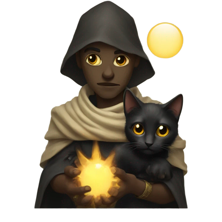A pale sun warlock who is holding a black kitten emoji