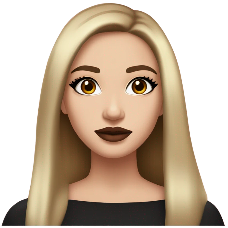 A white girl with a full face glam make up. Gold eyeshadow, glossy pink brownish full lips. Rosy cheeks, long and full eyelashes long black straight hair and a off shoulder long sleeve pullover emoji