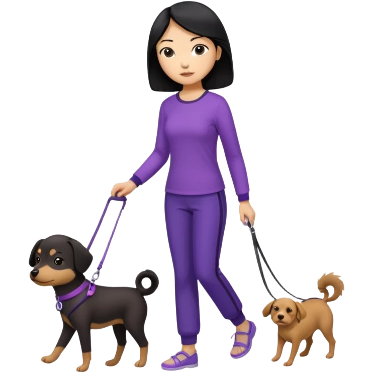 black hair Chinese woman wearing purple top and black pants walking 1 small brown dog emoji