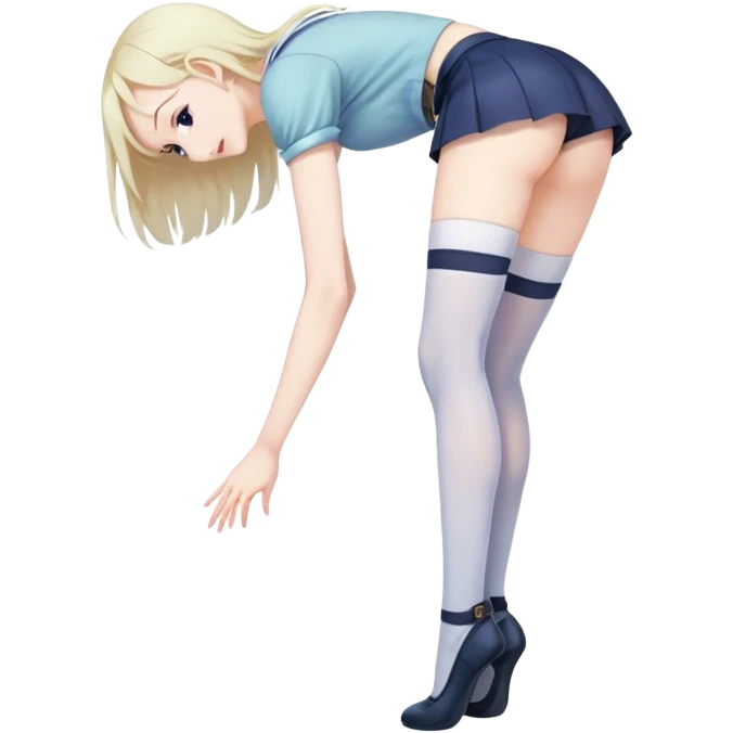 Anime girl in thigh-high stockings, bending over slightly while reaching for something. Simple and cute pose, casual outfit, soft shading emoji