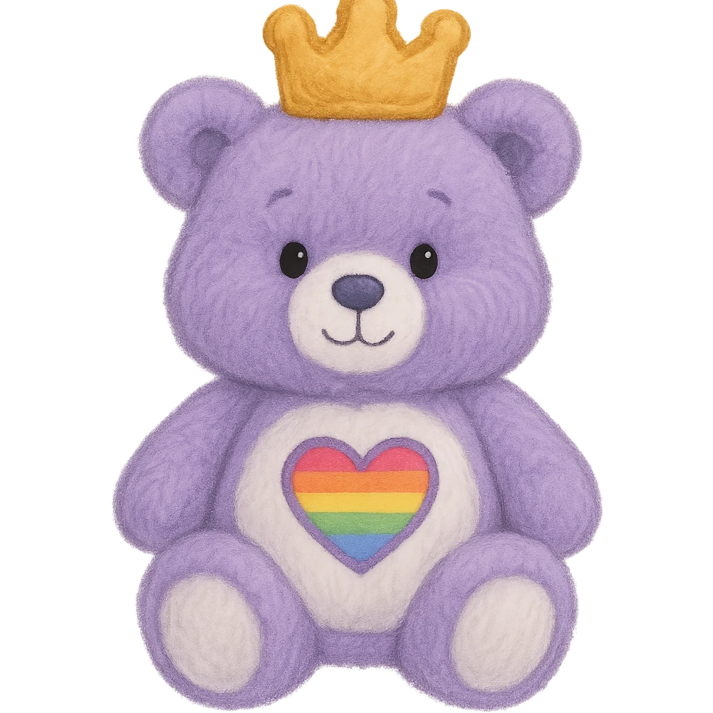 Add a soft and plush crown to the purple and white teddy bear with a heart-shaped rainbow patch. Keep the lighting flat with no shadows and no background. Maintain the plush texture and softness of the teddy bear in a style that respects the original look. emoji