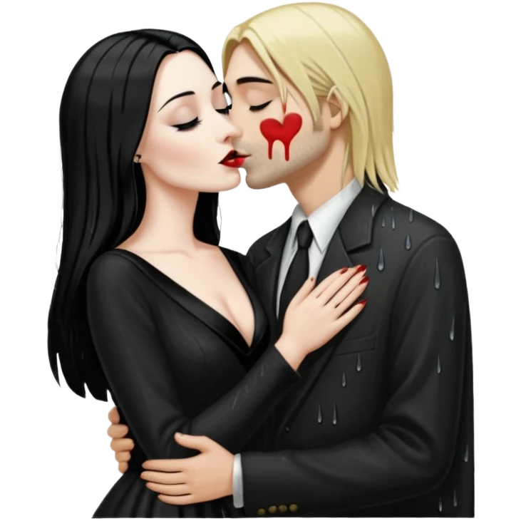 Realistic morticia addams kissing sweetly Kurt Cobain in the rain. emoji