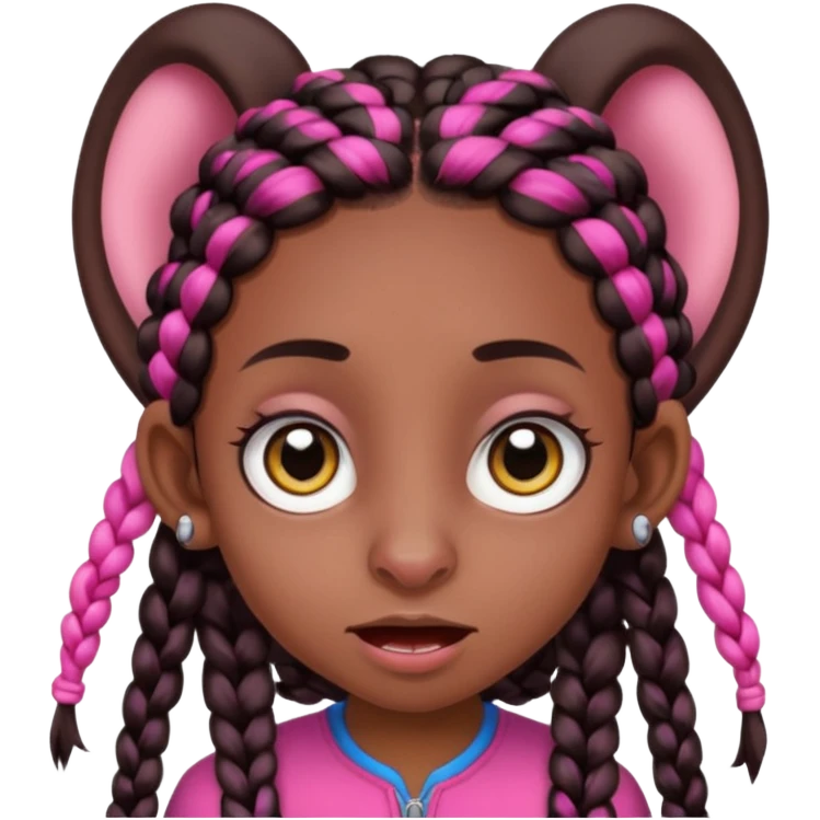 arikan, dark long hair whit pink and black braids. brown skin, smal face and a super big nose and super big ears. big eyes. big mouth emoji