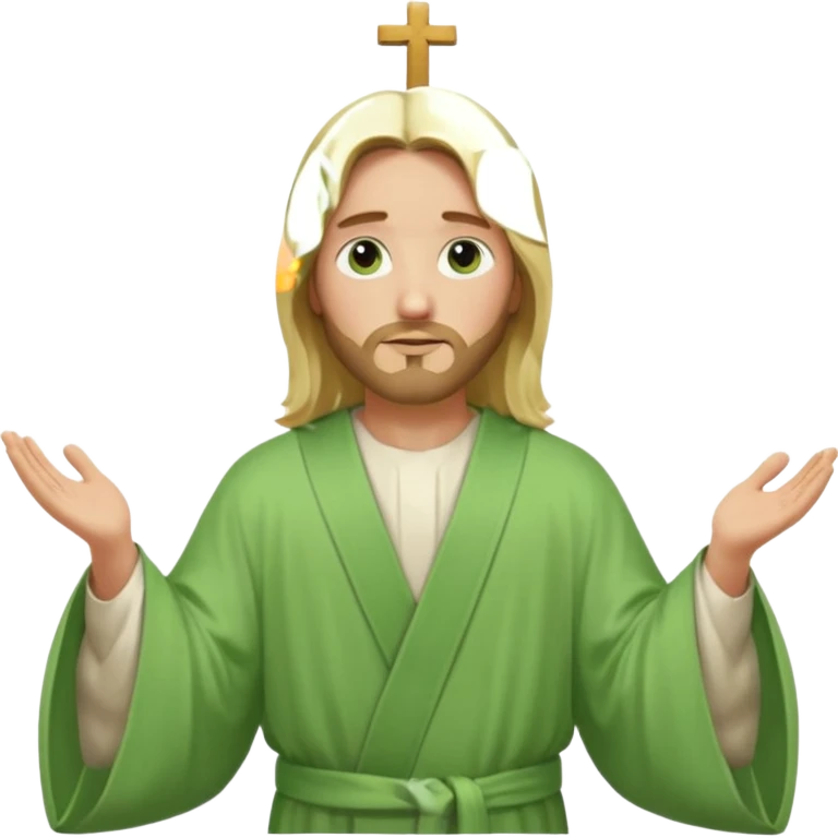 Jesus, green eyes, blonde hair, light green church robe. opening arms, gazing thoughtfully. Soft light, subtle fern. Waist-up, profile. emoji