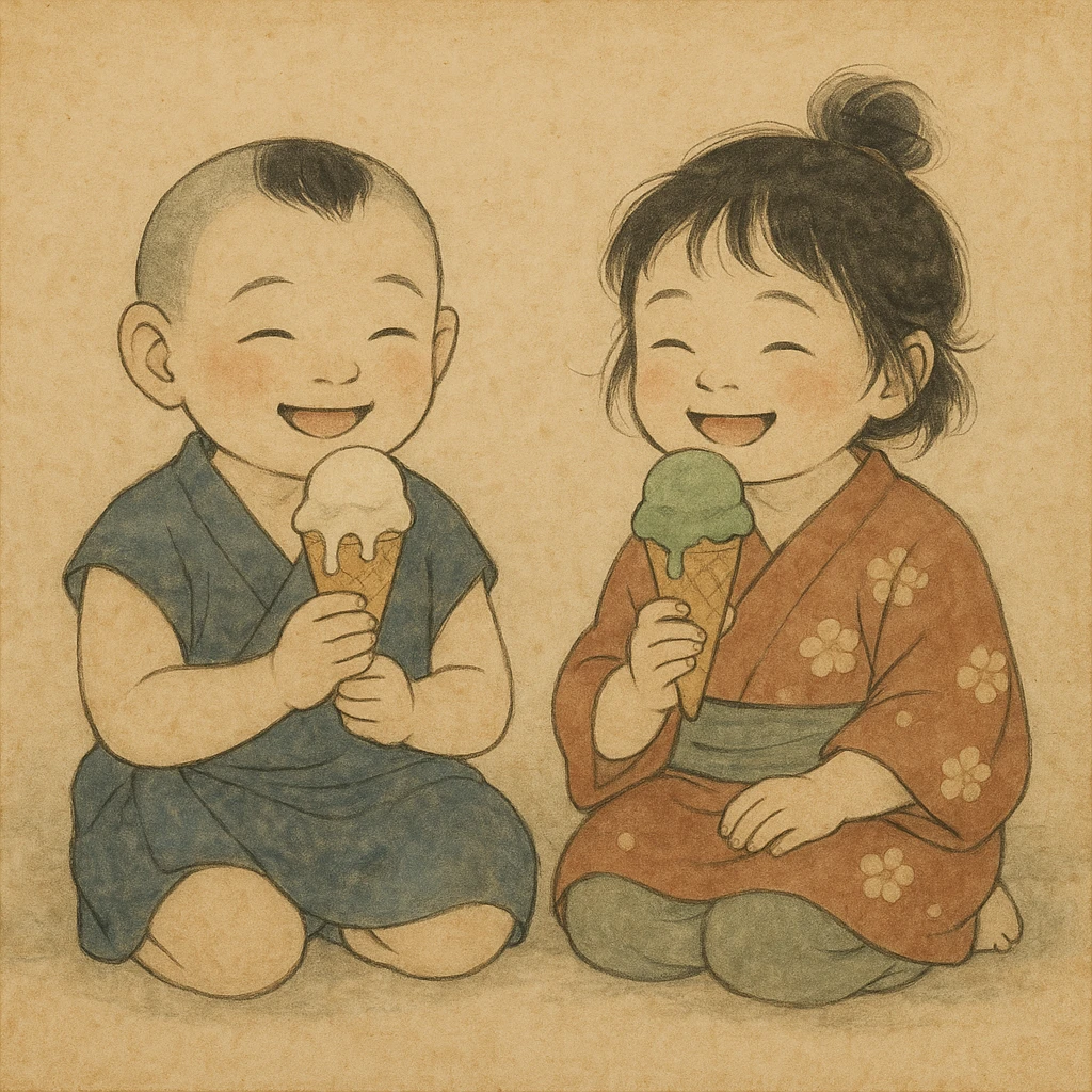 happy children with melting ice cream cones emoji