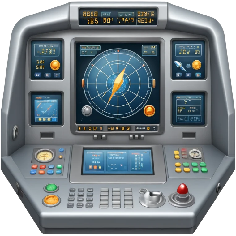 mission control console with buttons and screens showing rocket trajectory emoji