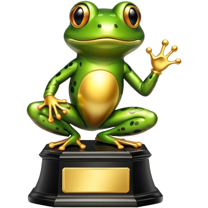 gold trophy in shape of frog. Trophy has a base emoji