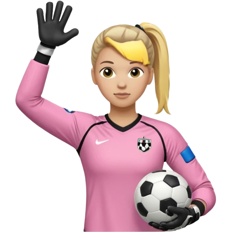 Make a dirty blonde football goalkeeper with goalkeeper gloves on. light skinned and wearing a light pink football kit. Wearing one ponytail on back of head. Make it without the whole body. With full sleeves. No RUGBY BALL JUST BLACK AND WHITE BALL. Holding ball under armpit. Other hand hanging down emoji