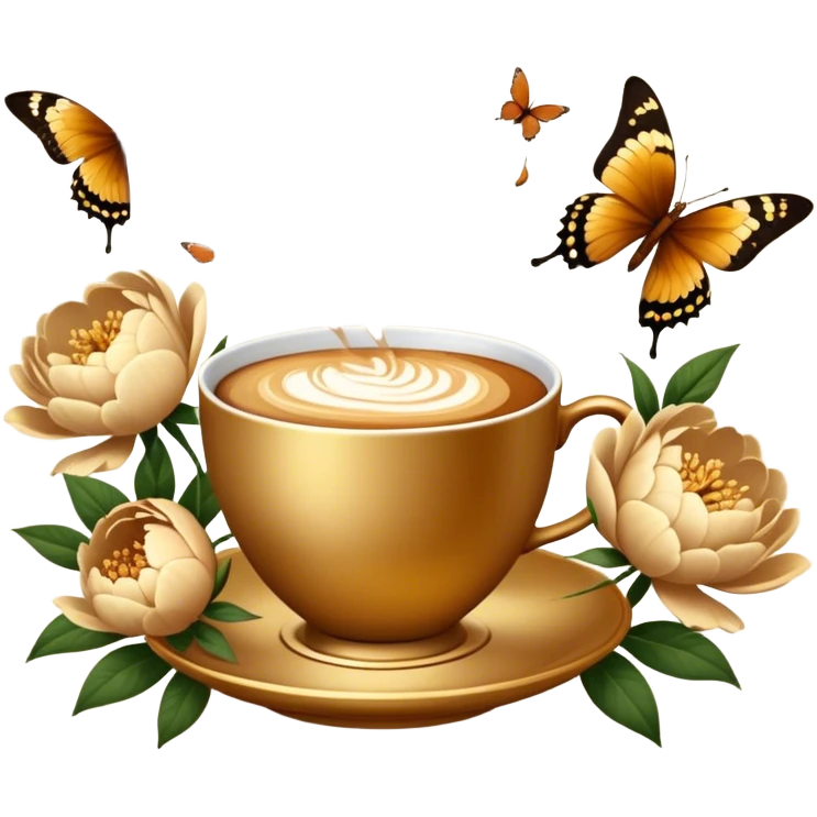 A golden coffee cup rests among lush beige peonies, as cinnamon-hued butterflies dance in the air. The setting glows with a nostalgic, antique charm. emoji
