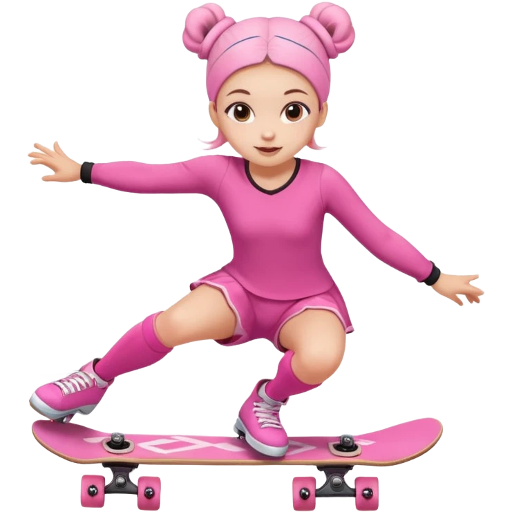 Cute skater girl with two buns and pink outfit, gliding with playful energy. emoji