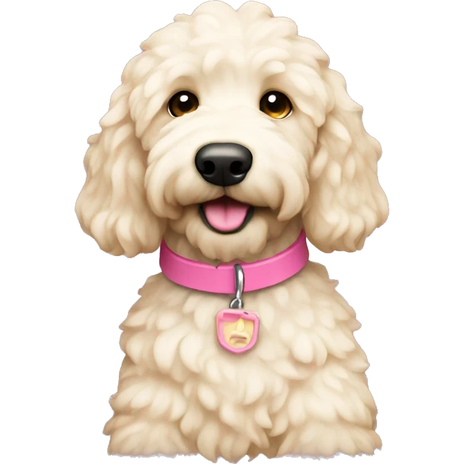 White cream mini golden doodle with pink collar emoji