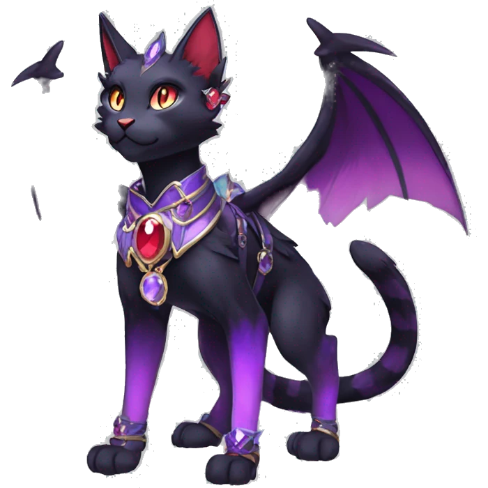 cool kawaii cartoon edgy distinguished ethereal elegant beautiful fantasy black purple red ethereal fantasy nargacuga-Noivern-cat-Quiana-Fakemon collar harness moon gem jewels full body emoji