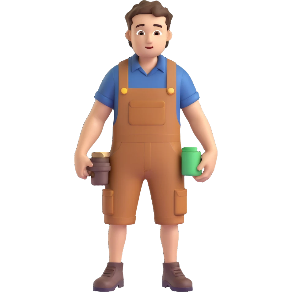 Wreck-It Ralph man with short messy hair, brown overalls, boxy figure with big arms emoji