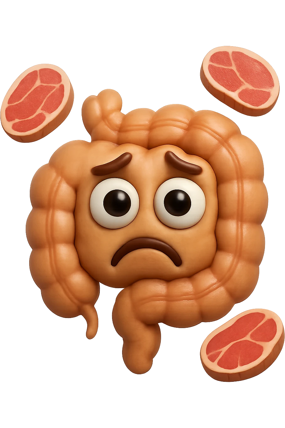 emoji stile iphone in 3d di un intestino triste con fette di carne che gli fluttuano intorno, gli occhi falli con la parte bianca pure, iperrealistico 4k emoji