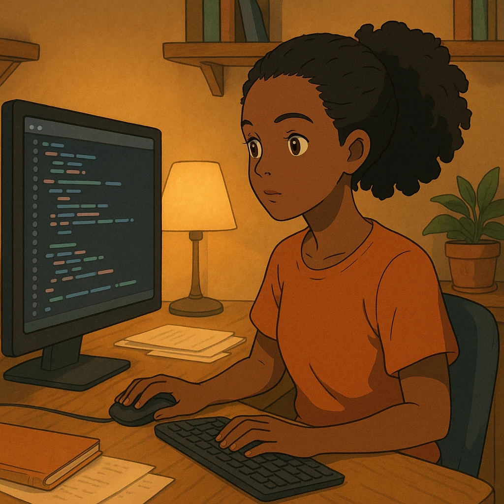 ghibli style black woman coding at a desk with warm lighting emoji