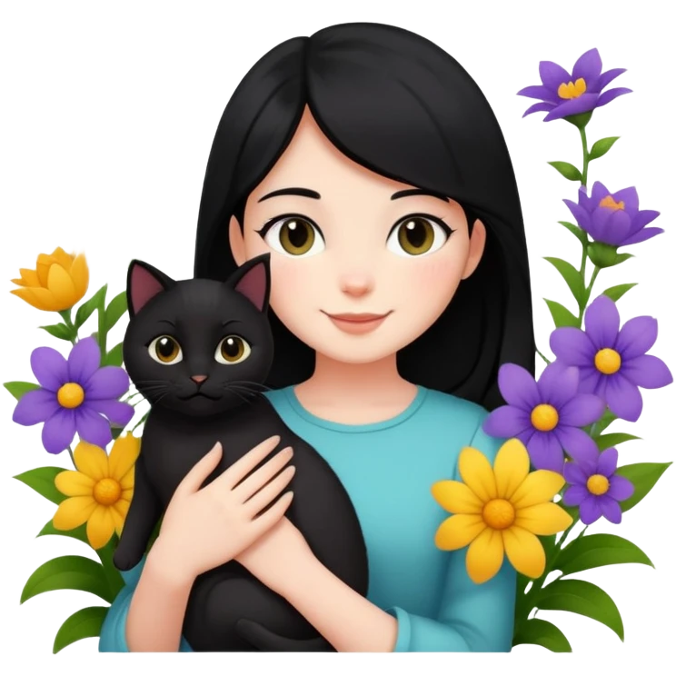A black-haired girl happily holds a black cat in the flowers emoji