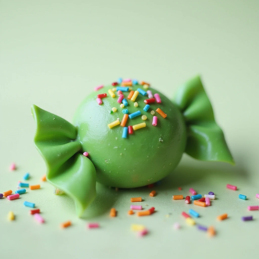realistic green candy with rainbow sprinkles, photorealistic style emoji