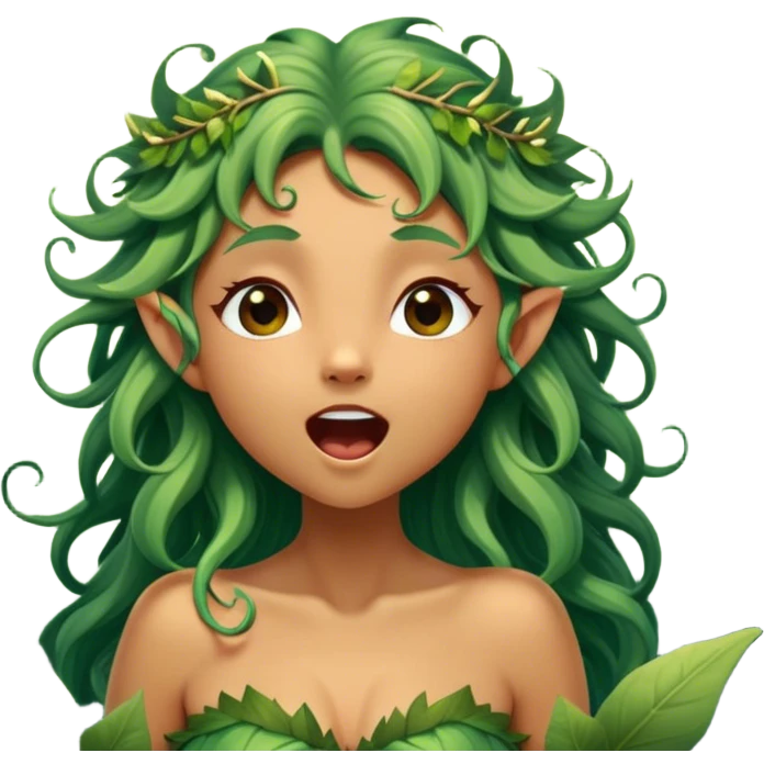 Cinematic Realistic Forest Nymph Fairy Portrait, head tilted slightly with a dramatic, wide-open yawn, revealing a tender, relaxed visage with finely detailed tanned skin and flowing, vine-adorned hair gently framing her face. Her sleepy eyes exude a serene, dreamlike quality as soft natural sunlight filters through the canopy, capturing the essence of a drowsy yet captivating forest nymph drifting into peaceful slumber. emoji