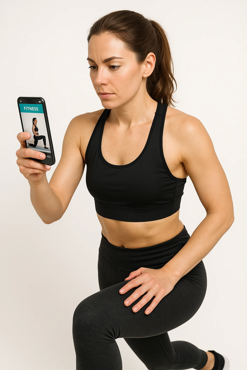 donna su sfondo isolato che fa workout tramite app fitness. in italiano emoji