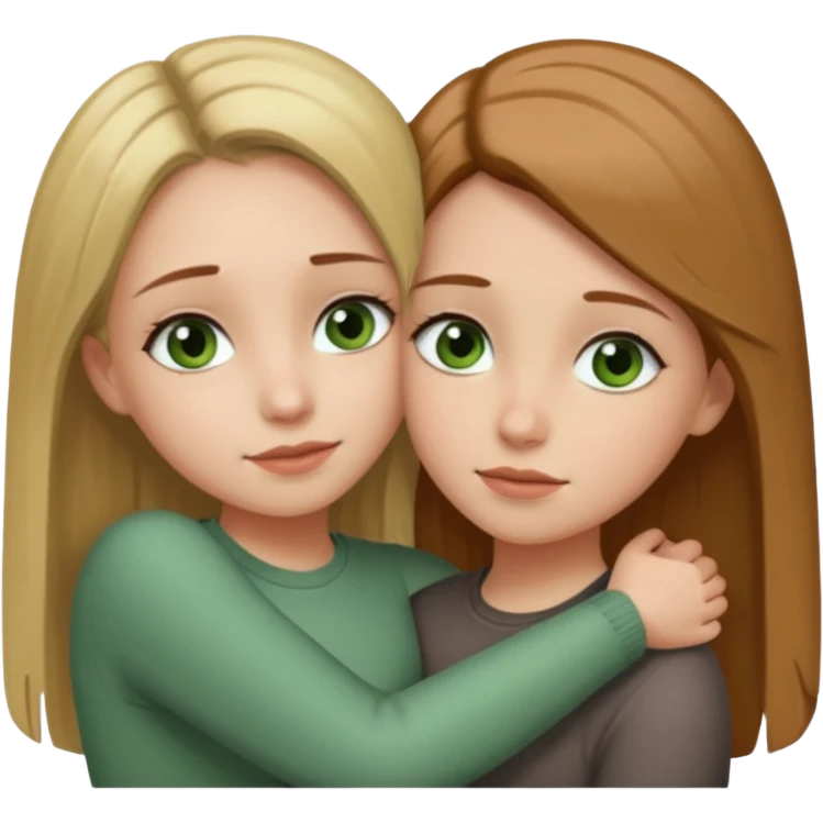 Two girls are hugging. One has dirty blonde hair with a little reddish in it. She has also grey eyes. Her hair is long and straight. The other girl has brown hair with green eyes emoji