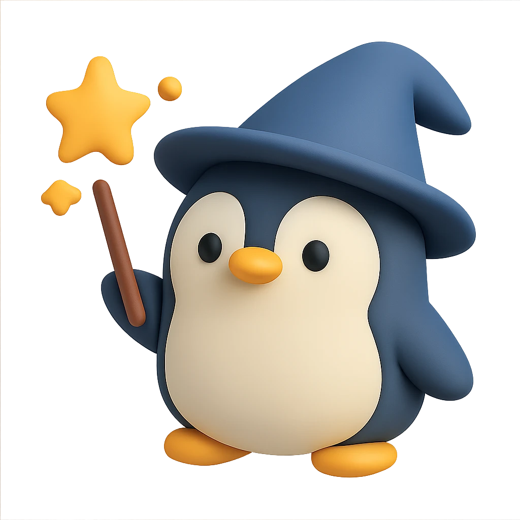 A cute penguin in wizard hat casting magical spells with a wand emoji