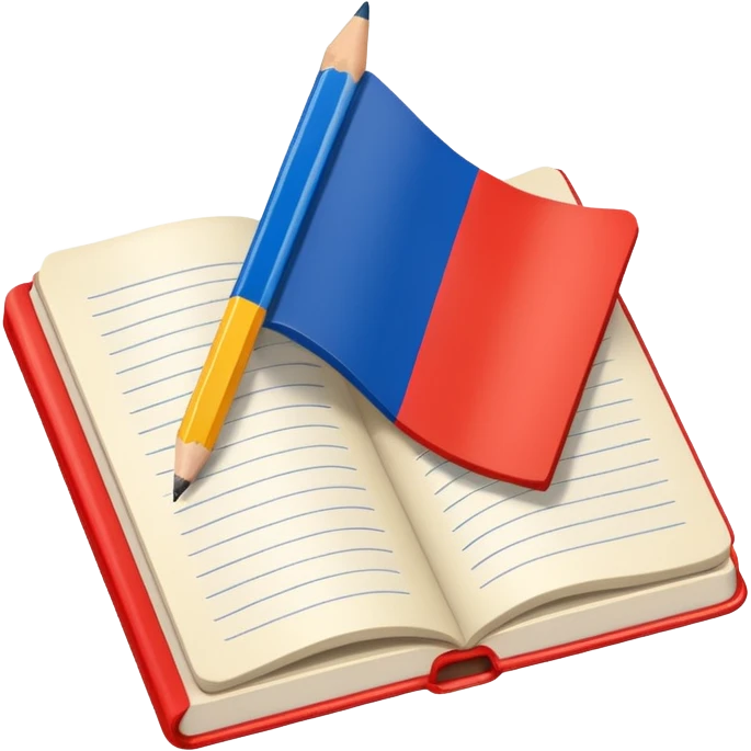 book with Russian flag colors, open notebook and pencil nearby emoji