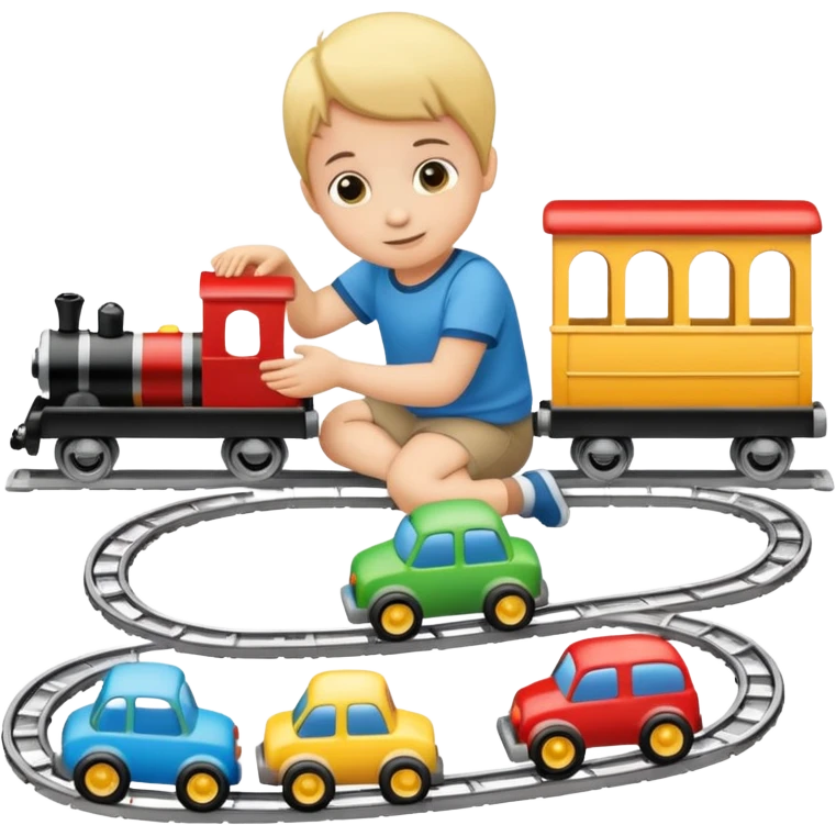 child playing with both toy cars and trains emoji