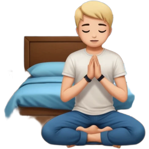 Gen Z youth kneeling in bedroom at night, praying, phone on nightstand, casual wear, posters on wall emoji