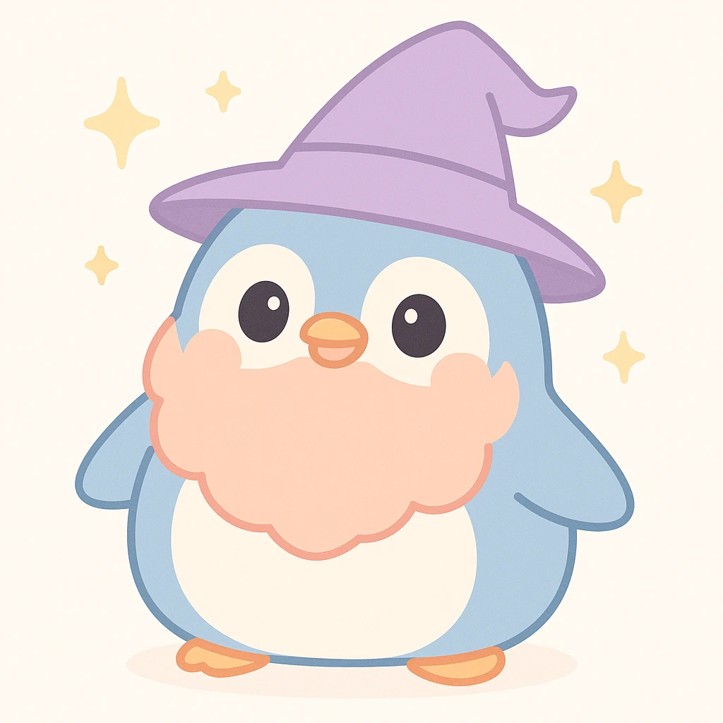 a chubby penguin wizard with a big beard and pointy hat surrounded by sparkles, playful vibrant style emoji