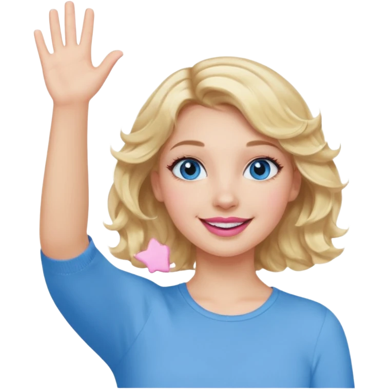 Girl Blonde short wavy hair,  blue eyes, cute blue top, long lashes, pink lips, smiling, one hand in the air emoji