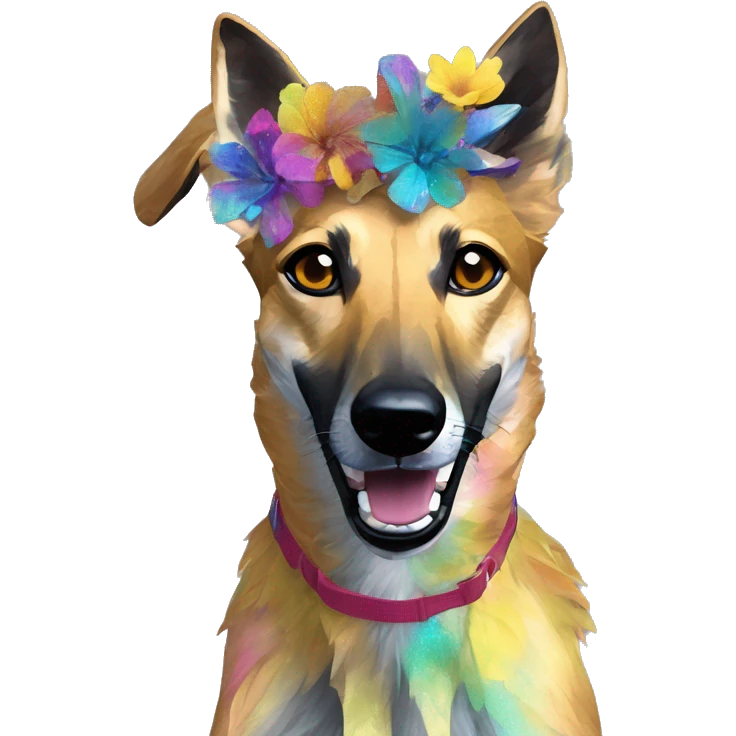  brindle brown black maroon gold lurcher Alsatian fox running blue eyes and iridescent holographic oilslick harness wearing paper iridescent tropical flower crown yellow caution tape emoji