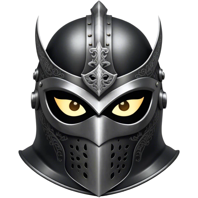 A masked knight with intricate black engravings on his steel helmet, eyes glowing with fury emoji