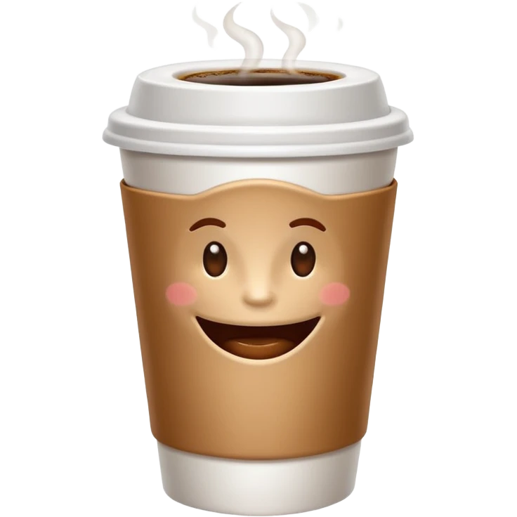 one all white coffee take away cup with coffee, no lid,  and a small brown smiling mouth in the middle front. No eyes, no cheeks, no nose, only a small smiling mouth emoji
