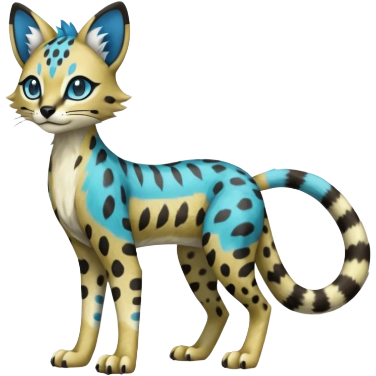 Colorful Meloetta-Sergal-Serval-Civet-Genet-Pokémon-Digimon-Fakémon-fusion-hybrid-creature with Cyan stripes and blue leopard-spot-markings  emoji
