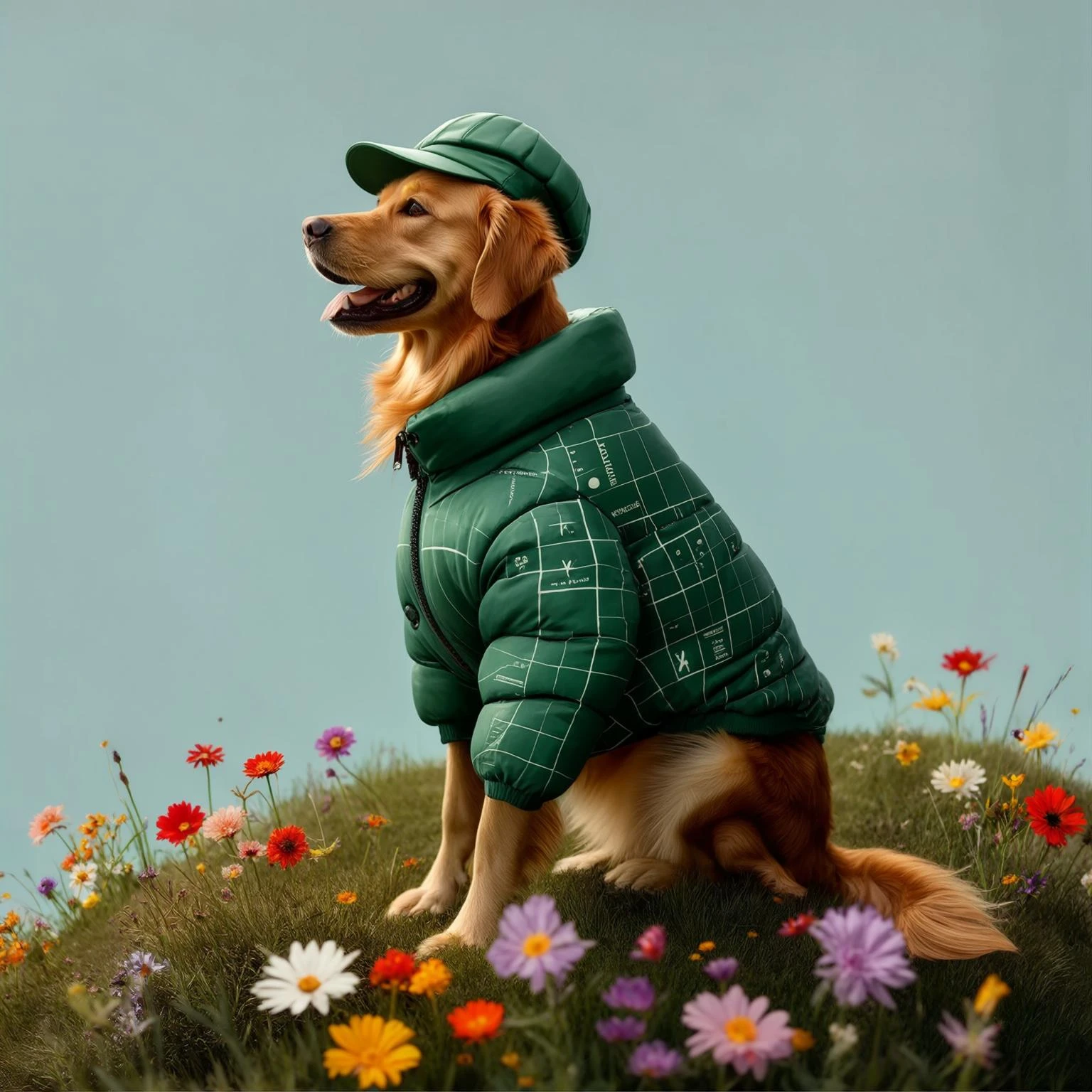 Profile Medium shot, Photo of a happy golden retriver sitting, dress in abstract (green) grid puffer Louis Vuitton jacket, express body, soft light, golden retriver sitting on grass hill with colorfull flowers, green cap, blue minimalistic sky in background, studio emoji