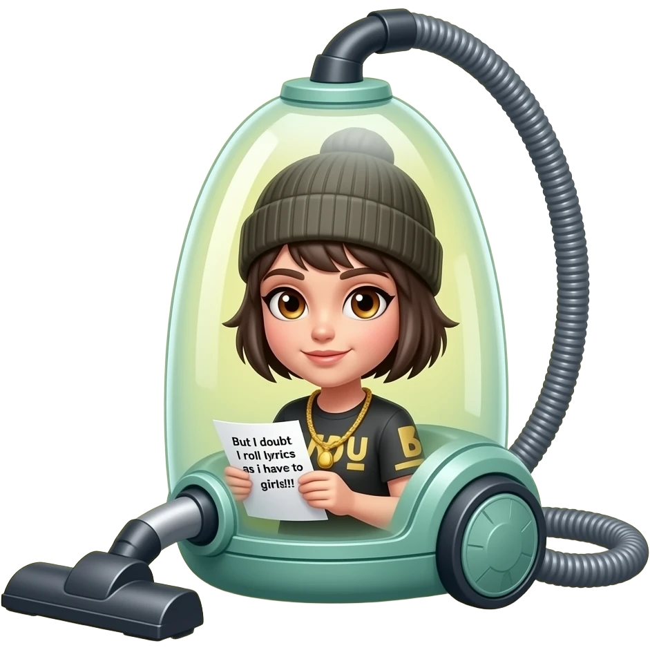A cleanish slimy plastic vacuum cleaner sits alone under a yellow light. Inside it's body is a tomgirl with short boyish hair, a beanie, and brown eyes rapping and wearing a golden stenography machine as a necklace. On her paper are the lyrics: "But I doubt I roll lyrics as I have to girls!!"
 emoji